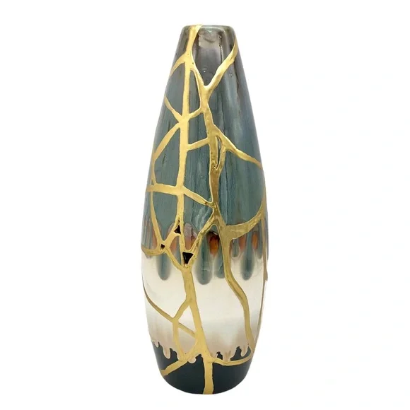 Kintsugi Vase 14” Drip Glaze Gold Crack Art Personal Growth Anniversary Gift - Picture 6 of 13